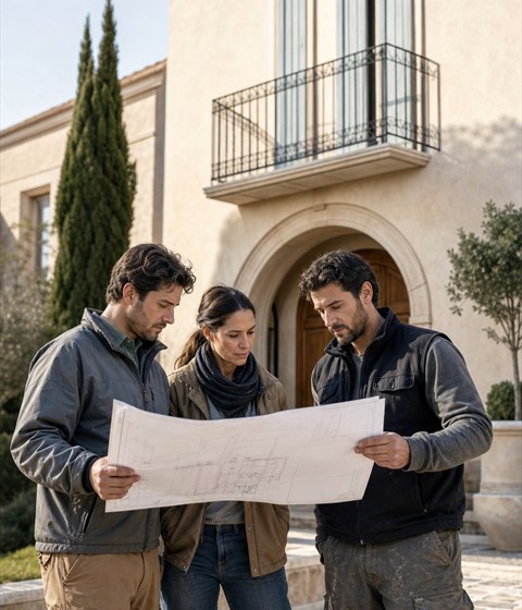 Site team reviewing a building plan before work begins