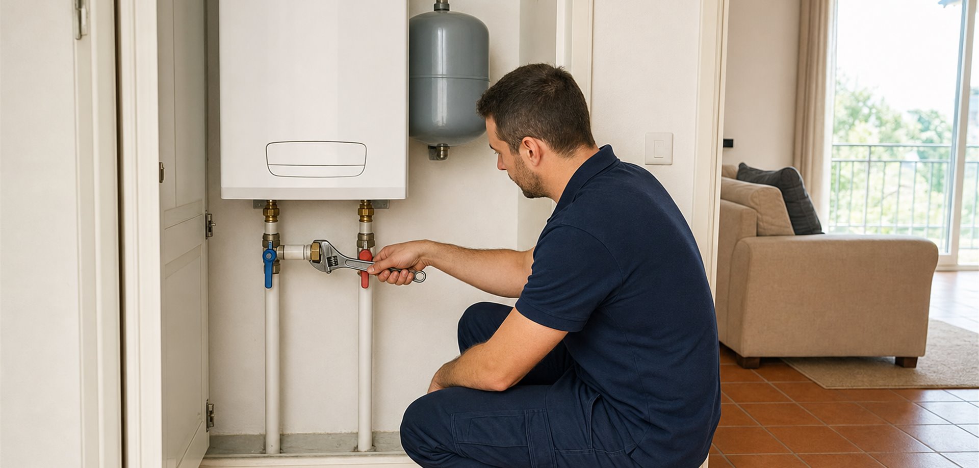 Technician adjusting a boiler fitting beside a living room with balcony light