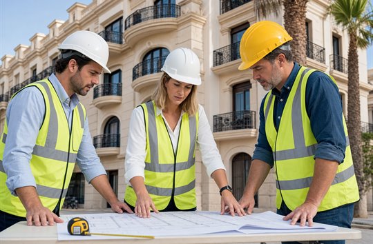 Site team reviewing blueprints outside a Mediterranean apartment block