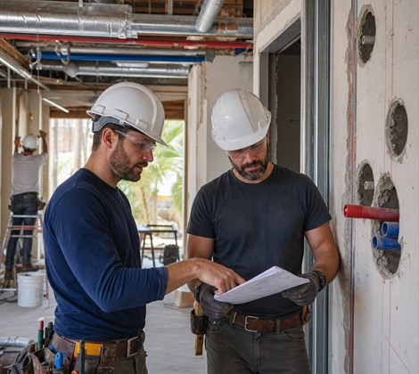 Trades coordinating connected tasks on an active renovation site