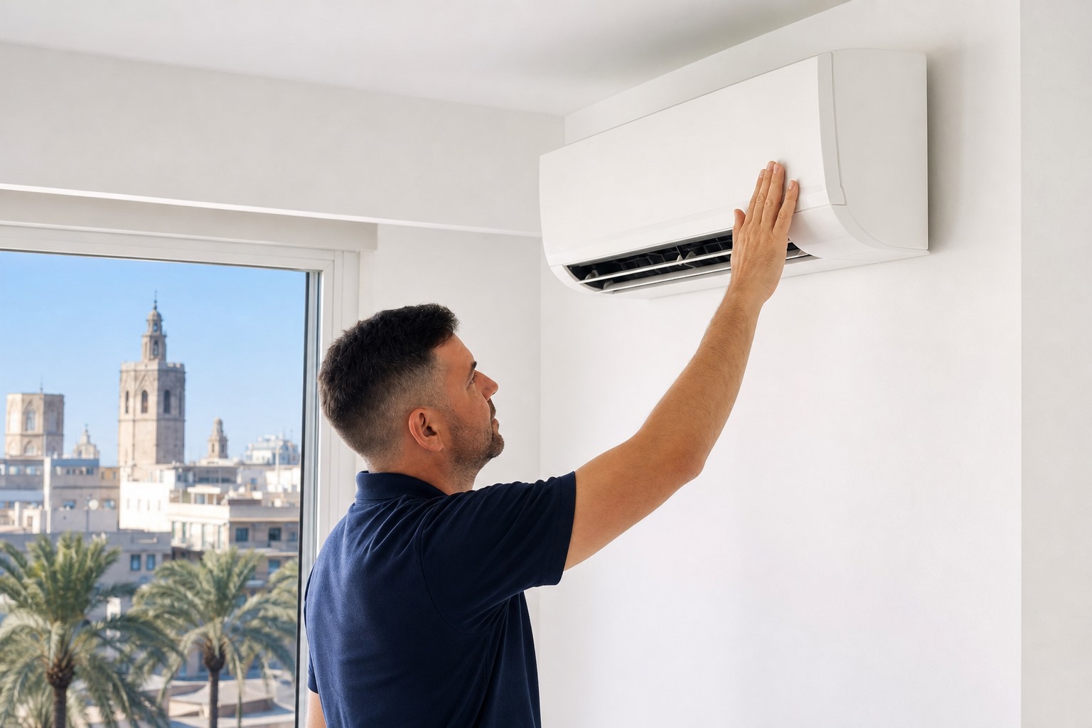 Installer fastening a wall air-conditioning unit to its bracket