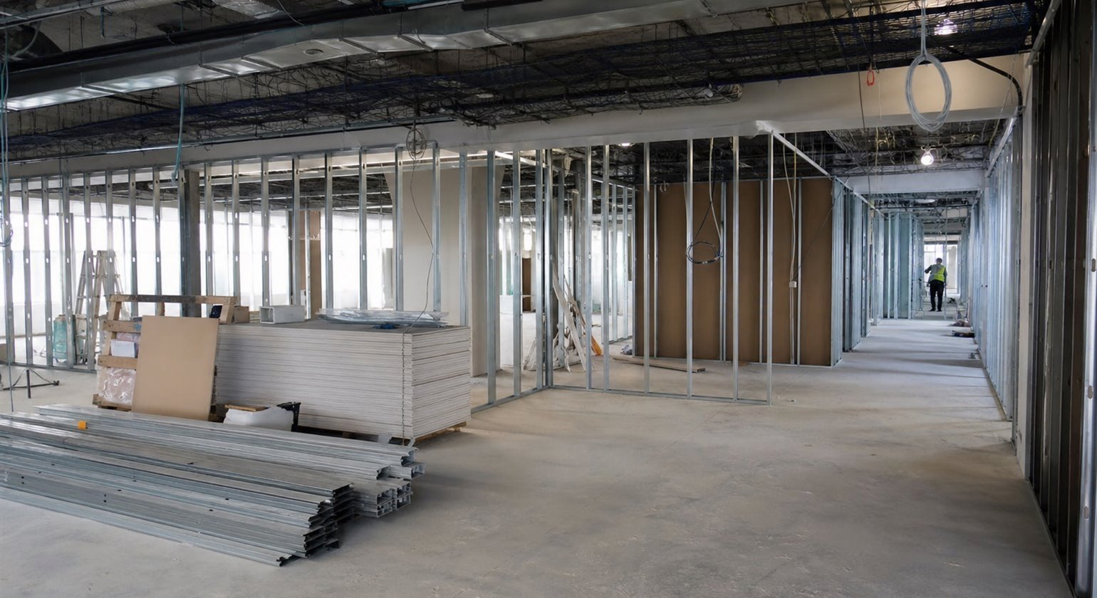 Office floorplate with metal stud partitions during fit-out