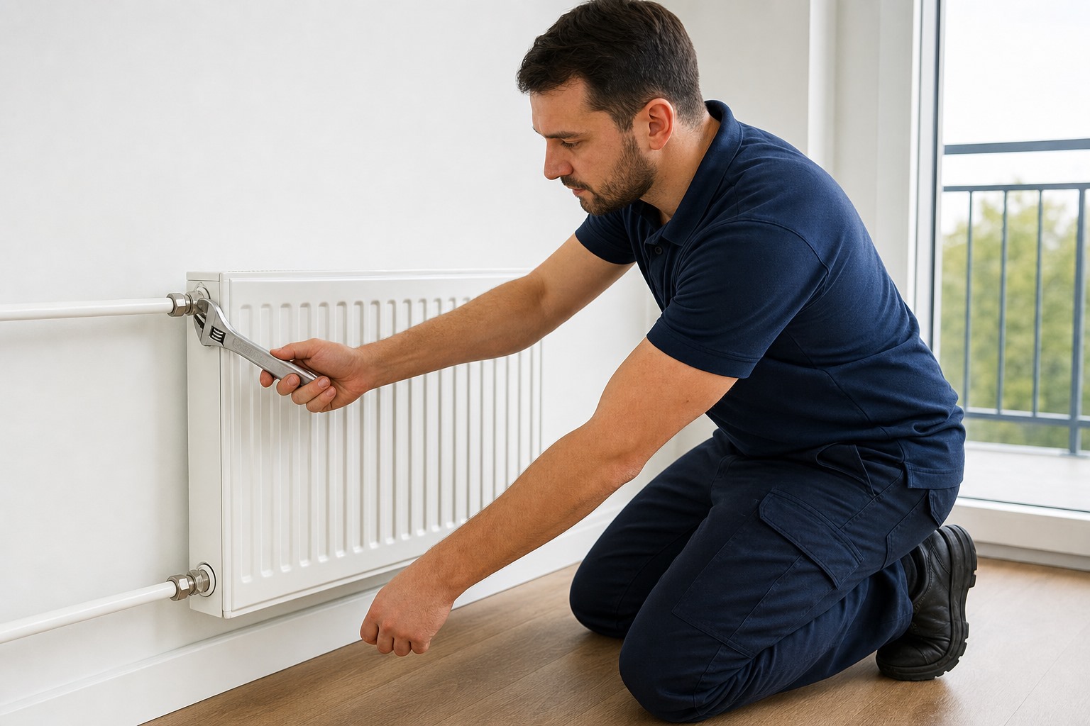 Technician tightening a radiator valve on multilayer heating pipes