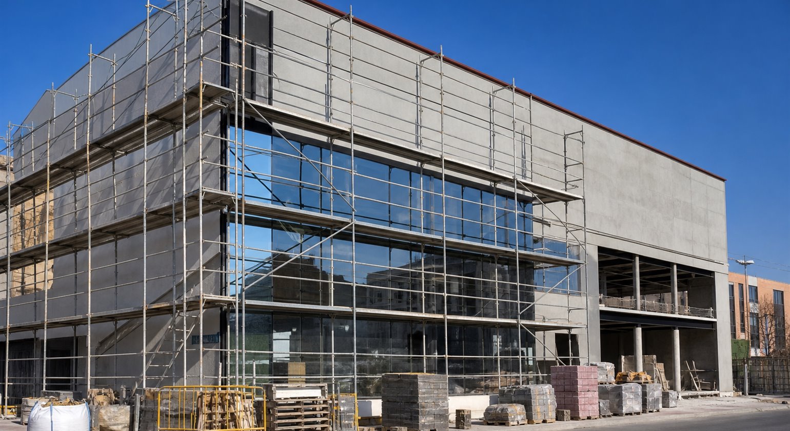 Scaffolded commercial building exterior during construction works