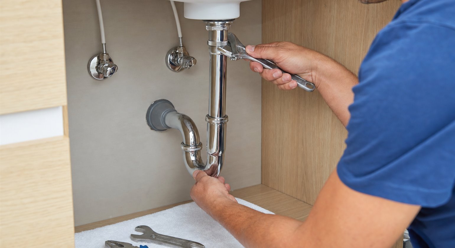 Plumber tightening a chrome trap under a vanity with plastic supplies