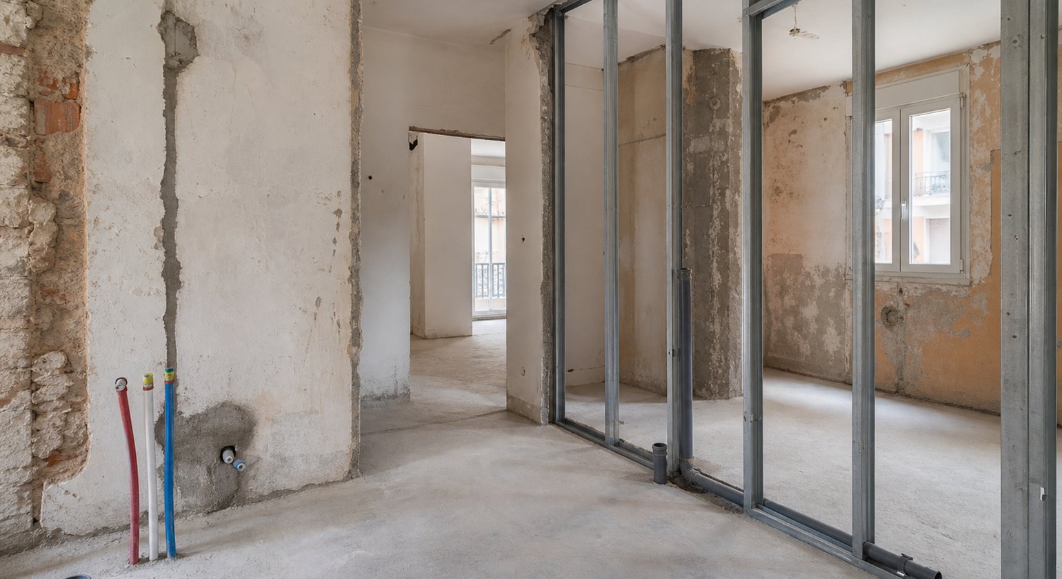 Residential strip-out with metal framing and service pipe stubs
